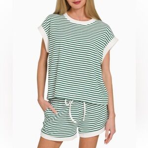 Stripe Contrast Trim Top & Shorts Set- Hunter Green